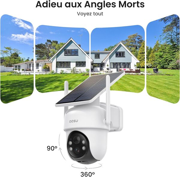 AOSU 2K Camera Surveillance Exterieure sans Fil Solaire, 2 Kit Caméra avec HomeBase, Aucun Coût Mensuel, 3MP 360° Panoramique, Suivi Automatique, Alerte, Vision Nocturne Couleur, 2,4/5Ghz WiFi