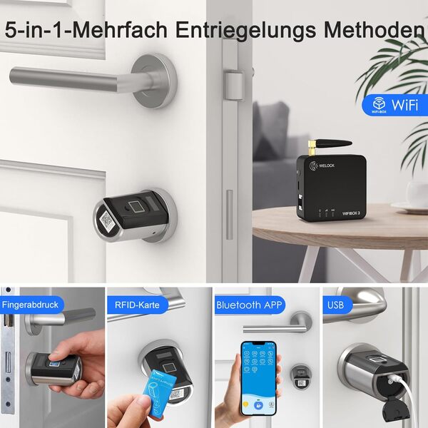 RUILON Serrure à empreinte digitale - IP65 Serrure biometrique avec 3 cartes RFID 1 WIFIBOX Commande APP Bluetooth Déverrouillage à distance Installation facile Pour les portes de 30-70 mm d'épaisseur