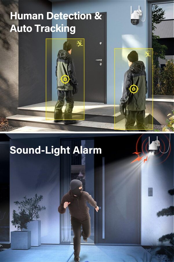 Jennov 【5MP+360°PTZ Kit Caméra de Surveillance WiFi Extérieure, 10CH 5MP NVR 1TB et 4X5MP PTZ Caméra avec Audio Bidirectionnel, Vision Nocturne Couleur, Détection de Personne, Enregistrement 24/7