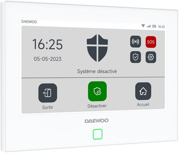 Daewoo Pack Alarme AM302, Centrale à écran Tactile 7'', Détecteur de Mouvement adapté aux Animaux, Contacteurs de Porte et télécommande. Sirène et Batterie intégrées. Contrôle à Distance
