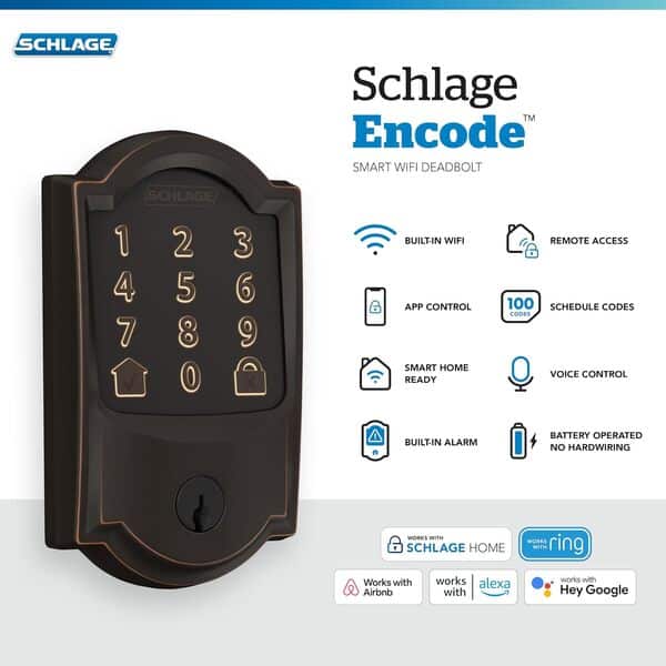 Schlage Encode Smart WiFi Deadbolt with Camelot Trim in Aged Bronze (BE489WB CAM 716)