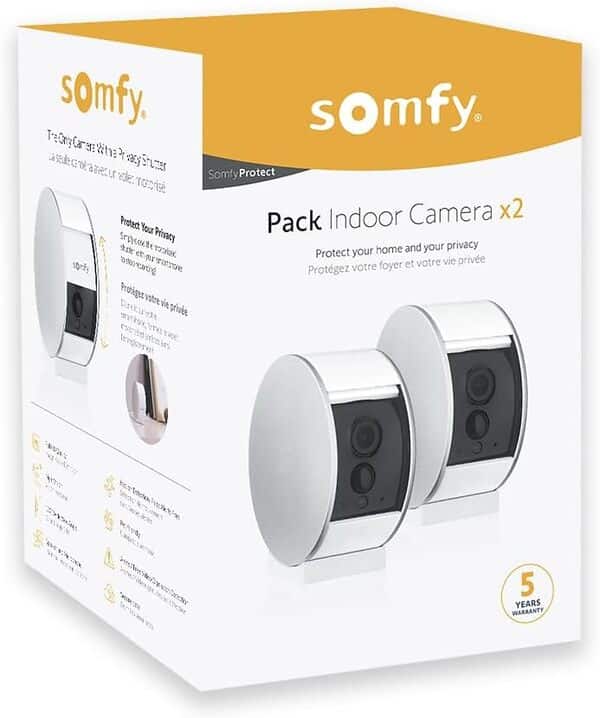 Somfy 1870469 - Pack de 2 Indoor Camera, Caméras avec volet motorisé, Vision Nocturne, Détection de Mouvement, Grand Angle, Haut-Parleur, Microphone, Compatible : Alexa, Google Home et Tahoma