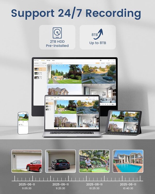 AKINGUAR 5MP Caméra de Surveillance Extérieure, Kit Vidéo Surveillance avec 8CH 2To NVR et Caméra IP PoE 4X 5MP, Détection de Personne et Véhicule, 30M Vision Nocturne en Couleur, Audio Bidirectionnel