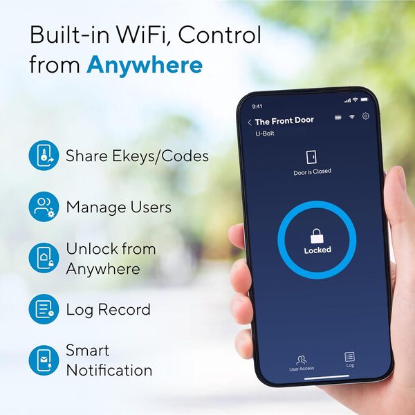 ULTRALOQ Smart Lock U-Bolt WiFi, serrure de porte intelligente WiFi intégré avec capteur de porte, serrure de porte d'entrée sans clé, serrure de porte à pêne dormant WiFi, fonctionne avec Alexa,
