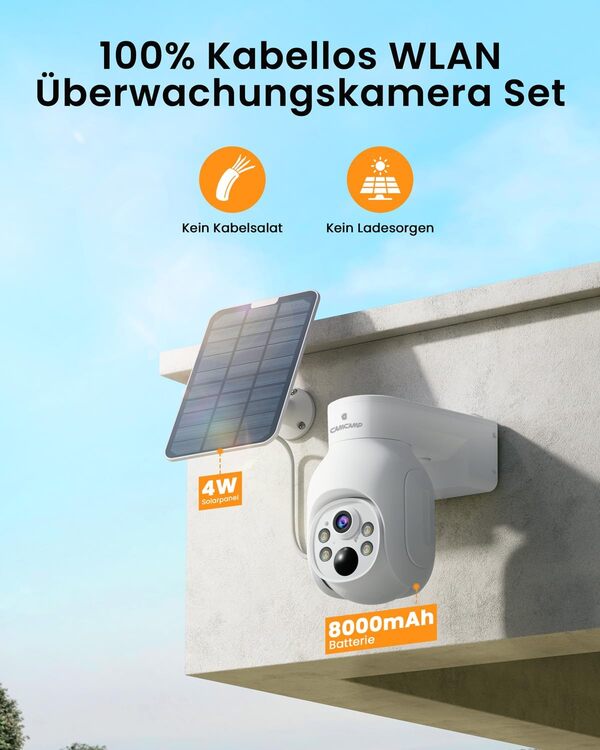 Camcamp 4MP Caméra Surveillance WiFi Exterieure sans Fil, Solar Security Cameras Kit avec 10CH 500 Go NVR, 360° Panoramique PTZ, Vision Nocturne, Détecteur de Mouvement, Alarme Lumineuse Sonore
