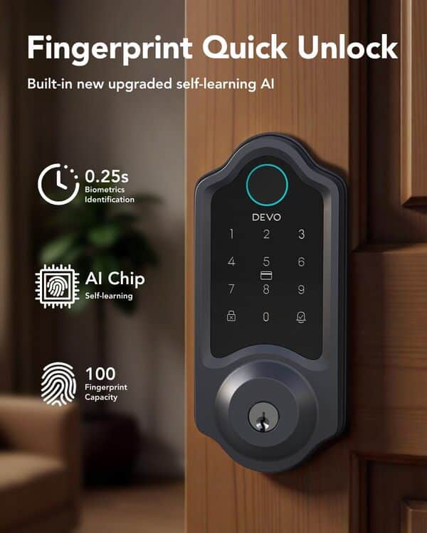 Devo G8 Serrure intelligente à empreintes digitales avec code, serrure de porte d'entrée sans clé 6 en 1, serrures intelligentes pour porte d'entrée, pêne dormant WiFi intégré, télécommande par