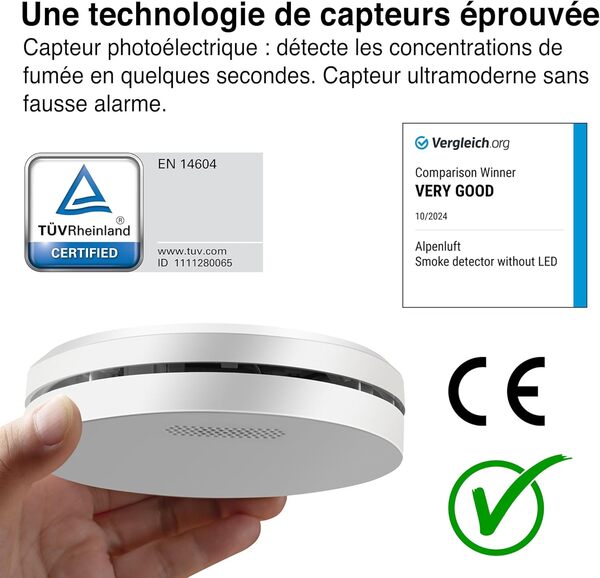 ALPENLUFT Detecteur de fumée 10 Ans Pile, Plat, Detecteur d'incendie, Pas de LED Clignotante, sans perçage, kit Alarme Maison sans Fil- Fumee Protection Incendie, Alarme Incendie (Set de 10)
