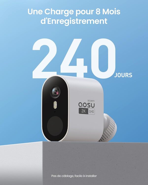 AOSU 2K Caméra Surveillance WiFi Extérieure Batterie 240 Jours 4-Kit avec HomeStation 32 GB Stockage Local Sans Abonnement Détection de Mouvement Alarme Audio Bidirectionnel Vision Nocturne en Couleur