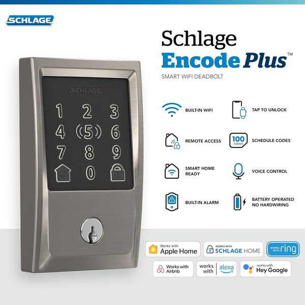 Schlage BE499WB CEN 619 Encode Plus WiFi Deadbolt Smart Lock, Keyless Entry Touchscreen Door Lock with Century Trim, Satin Nickel