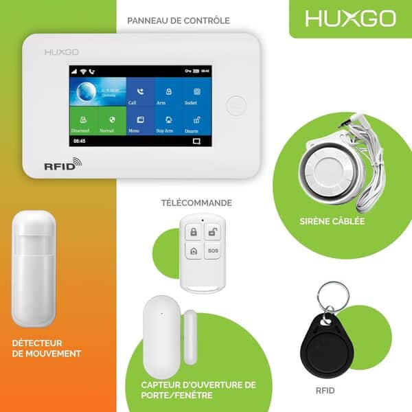 HUXGO® HXA006 Système d'alarme Maison WiFi + GSM 4G avec Sirène | Alarme Maison avec capteur de fenêtre sans Fil, 12x détecteurs de Mouvement | Kit d'alarme Anti Intrusion pour Appartement