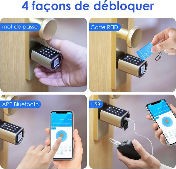 Serrure connectee porte entree - Serrure intelligente a code APP contrôle bluetooth avec 3 cartes RFID 1 étui en silicone étanche pour la maison, l'hôtel, Airbnb Epaisseur de la porte 50-100 mm
