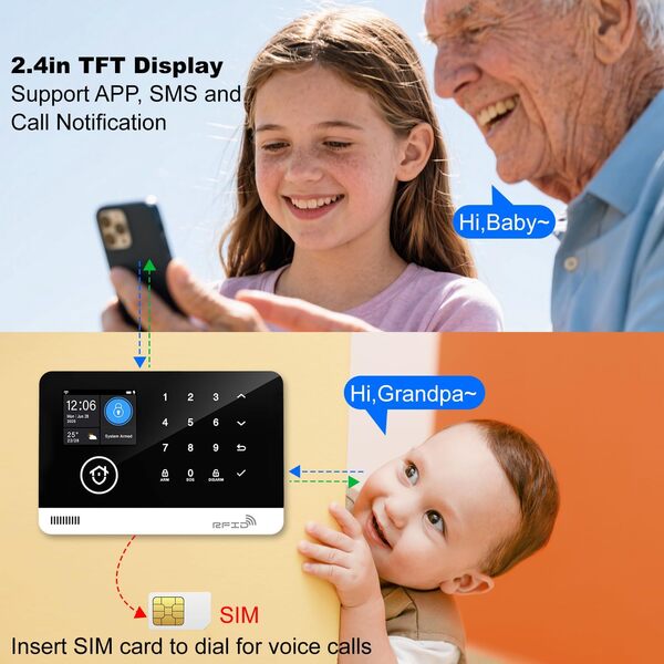 Système de Sécurité Domestique, Système D'alarme sans Fil WiFi/GSM SMS avec Détecteur de Mouvement, Sirène D'alarme 120dB, Télécommande Intelligente, Compatible avec Alexa(12 Pièces)