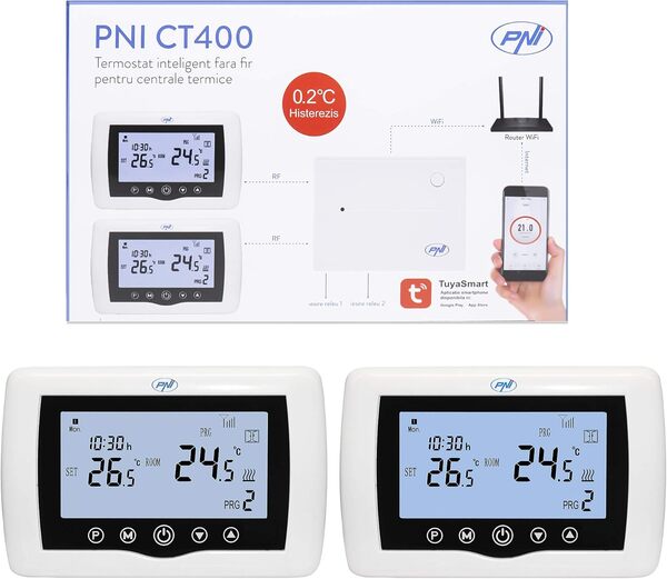 Thermostat intelligent PNI CT400 sans fil, avec WiFi, contrôle 2 zones via Internet, pour centrales thermiques, pompes, électrovannes, APP TuyaSmart, hystérésis 0,2 ° C