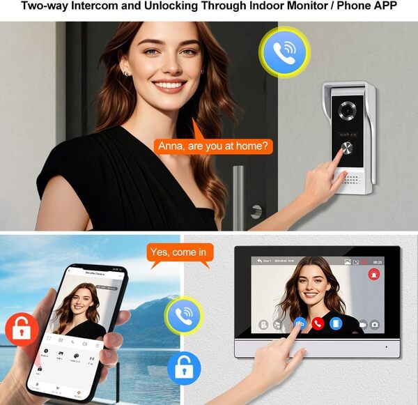 7 Pouces WiFi Vidéo Sonnette Interphone Système 1080P AHD Touch Couleur Moniteur Intérieur IR Vision Nocturne Vidéo Caméra Doorbell Accueil, Tuya Smart APP Déverrouillage à Distance