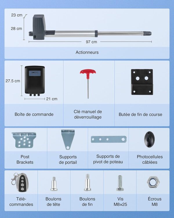 CO-Z Kit de Motorisation pour Portails Battants 80W - 2 Actionneurs pour Portails jusqu'à 300kg et 3m par Battant - 2 Télécommandes Incluses - Sécurité Infrared et Fermeture Automatique