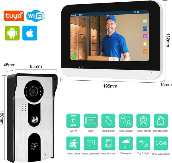 Wifi Tuya Accueil Vidéo Sonnette Interphone Système 7 Pouces Couleur écran Tactile Affichage Intérieur + 1080P HD RFID Caméra Extérieure IR Vision Nocturne