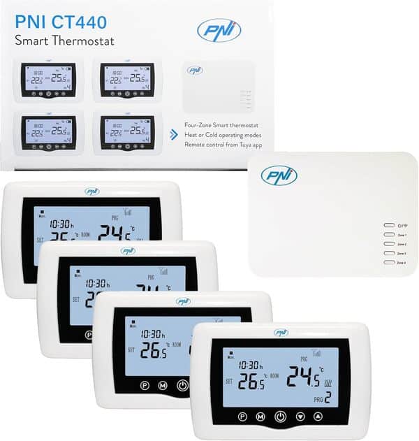 Thermostat Intelligent PNI CT440 sans Fil avec WiFi, contrôle 4 Zones Via Internet, pour systèmes de Chauffage, Pompes, vannes magnétiques, Application TuyaSmart, Blanc